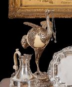 A LATE 19TH CENTURY SILVER MOUNTED OSTRICH EGG CUP AND COVER, PROBABLY HANAU