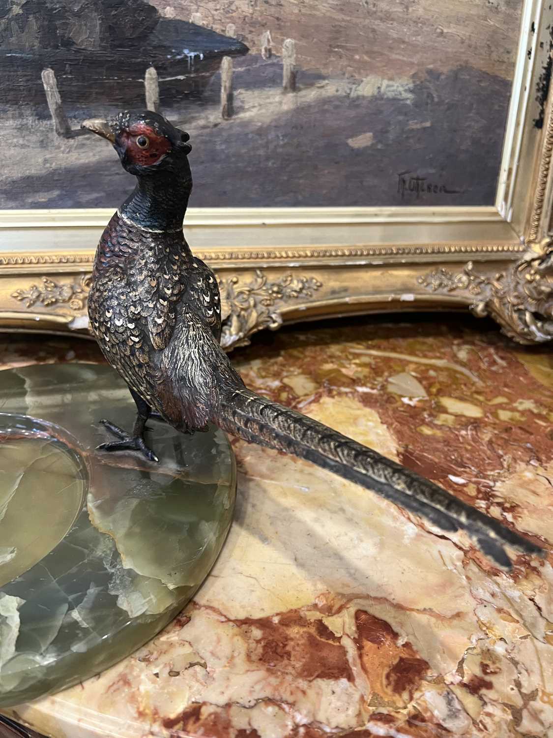 A LATE 19TH CENTURY VIENNESE COLD PAINTED BRONZE MODEL OF A PHEASANT ON ONYX BASE - Image 2 of 6