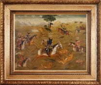 A QAJAR DYNASTY PAINTING OF FATH-ALI SHAH QAJAR LION HUNTING