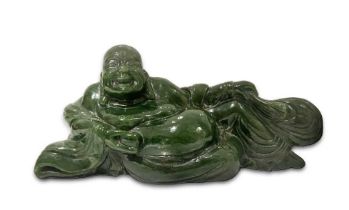 A CHINESE CARVED SPINACH JADE FIGURE OF BUDDHA