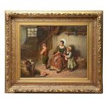 A LARGE 19TH CENTURY CONTINENTAL GENRE PAINTING OF A MOTHER AND CHILDREN