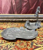 A WMF ART NOUVEAU PERIOD SILVER PLATED FIGURAL INKWELL TOGETHER WITH A TRAY