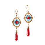 A PAIR OF 18CT GOLD, CORAL AND TURQUOISE EARRINGS