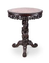 A LATE 19TH CENTURY CHINESE CARVED HARDWOOD AND MARBLE TABLE