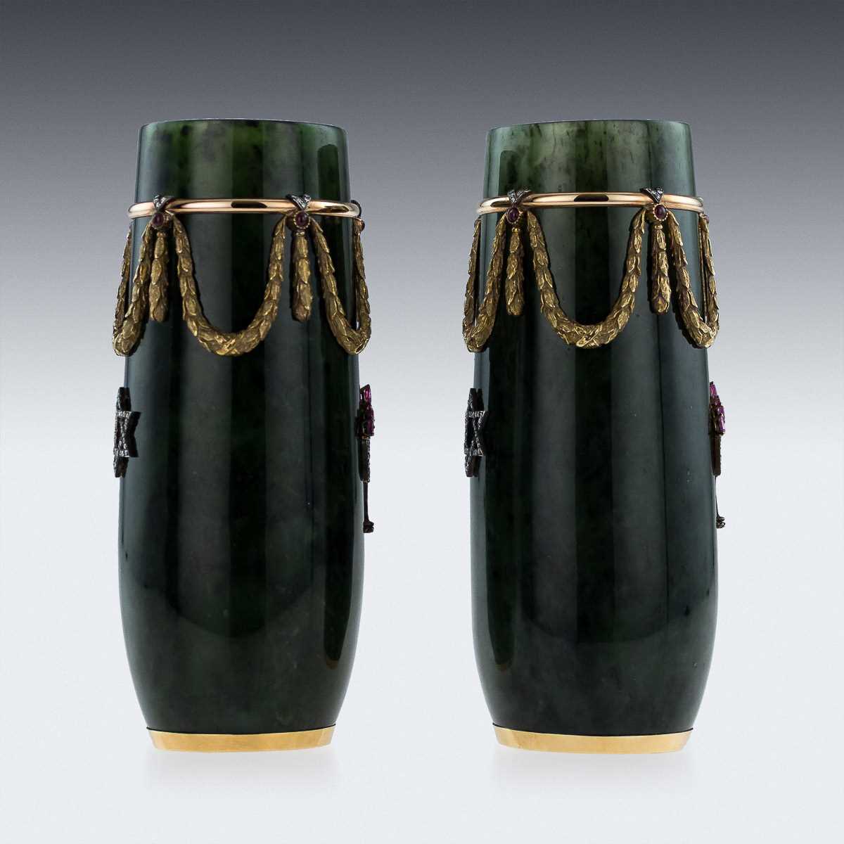 A PAIR 14K GOLD, NEPHRITE, DIAMOND AND RUBY ENCRUSTED VASES IN THE STYLE OF FABERGE - Image 23 of 28