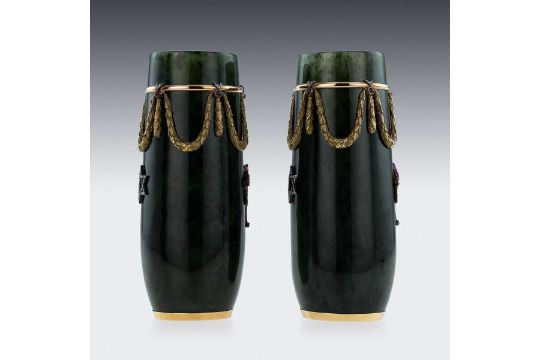 A PAIR 14K GOLD, NEPHRITE, DIAMOND AND RUBY ENCRUSTED VASES IN THE STYLE OF FABERGE - Image 9 of 28