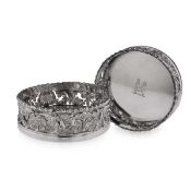 A PAIR OF GEORGE III PERIOD STERLING SILVER WINE COASTERS, 1810