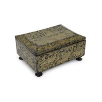 A RARE REGENCY PENWORK SEWING BOX WITH ORIENTAL SCENE