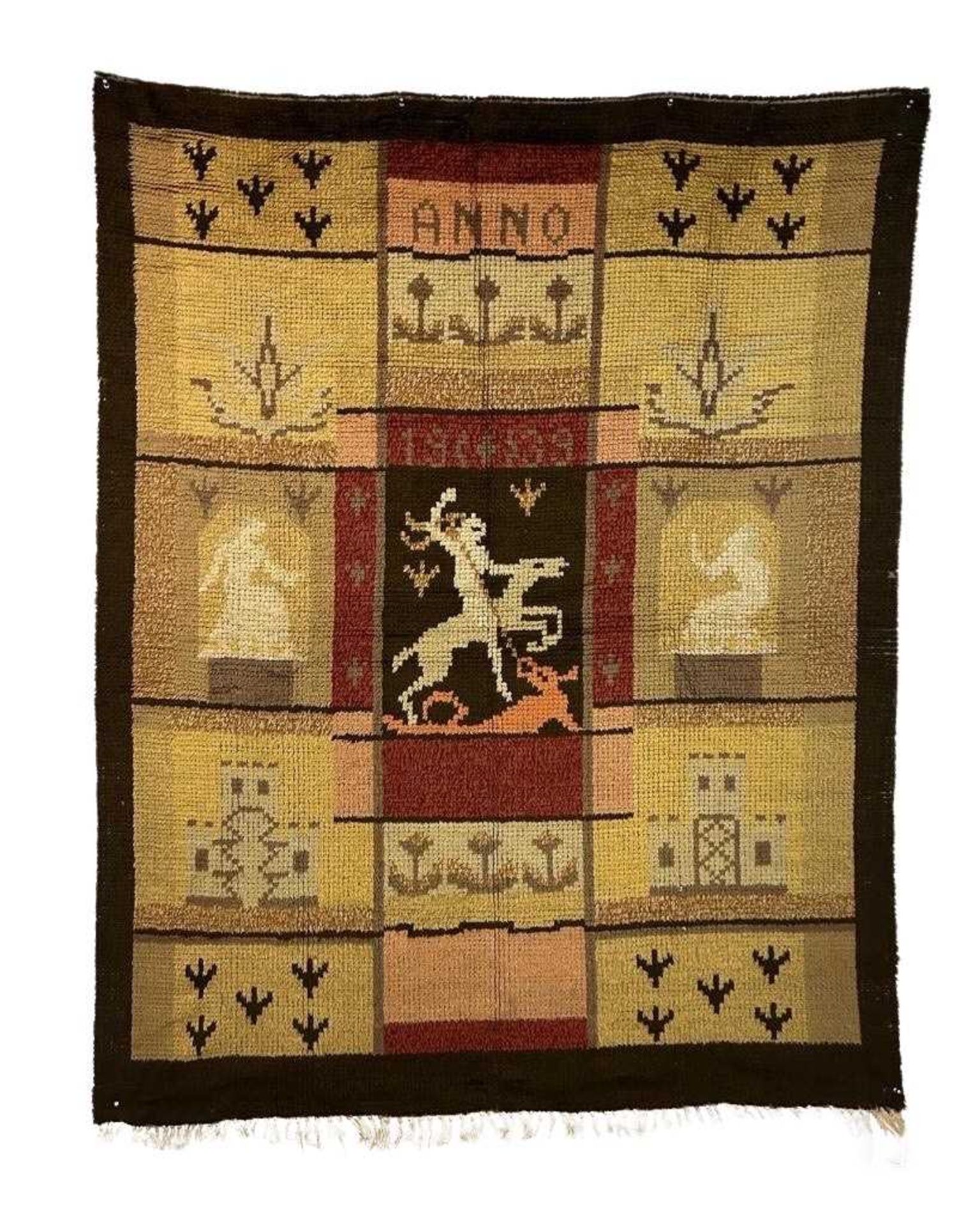 A 1930'S SCANDINAVIAN WOOL PILE RUG DEPICTING ST GEORGE AND THE DRAGON, DATED 1939