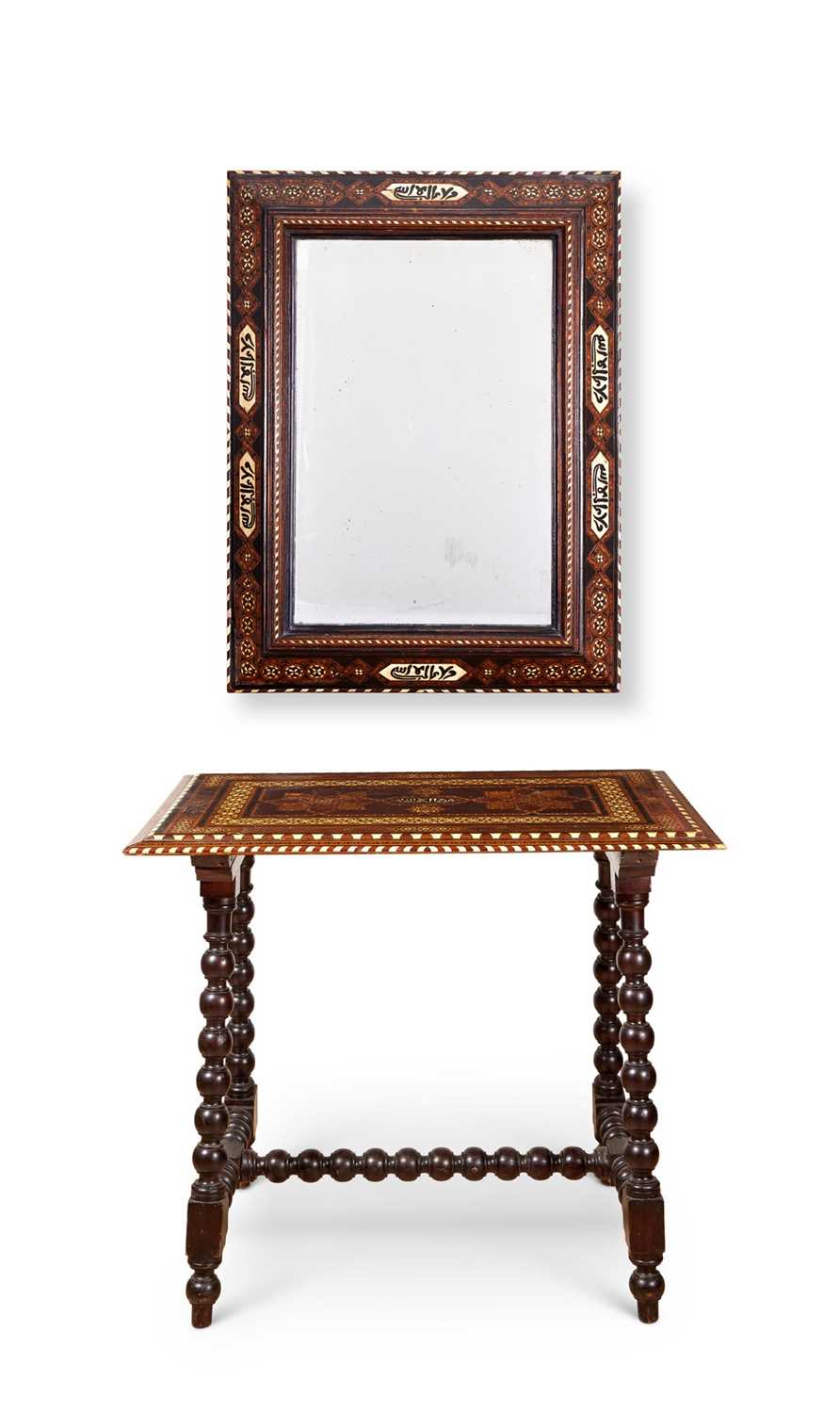 AN EARLY 20TH CENTURY HISPANO MORESQUE BONE INLAID TABLE AND MIRROR