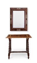 AN EARLY 20TH CENTURY HISPANO MORESQUE BONE INLAID TABLE AND MIRROR