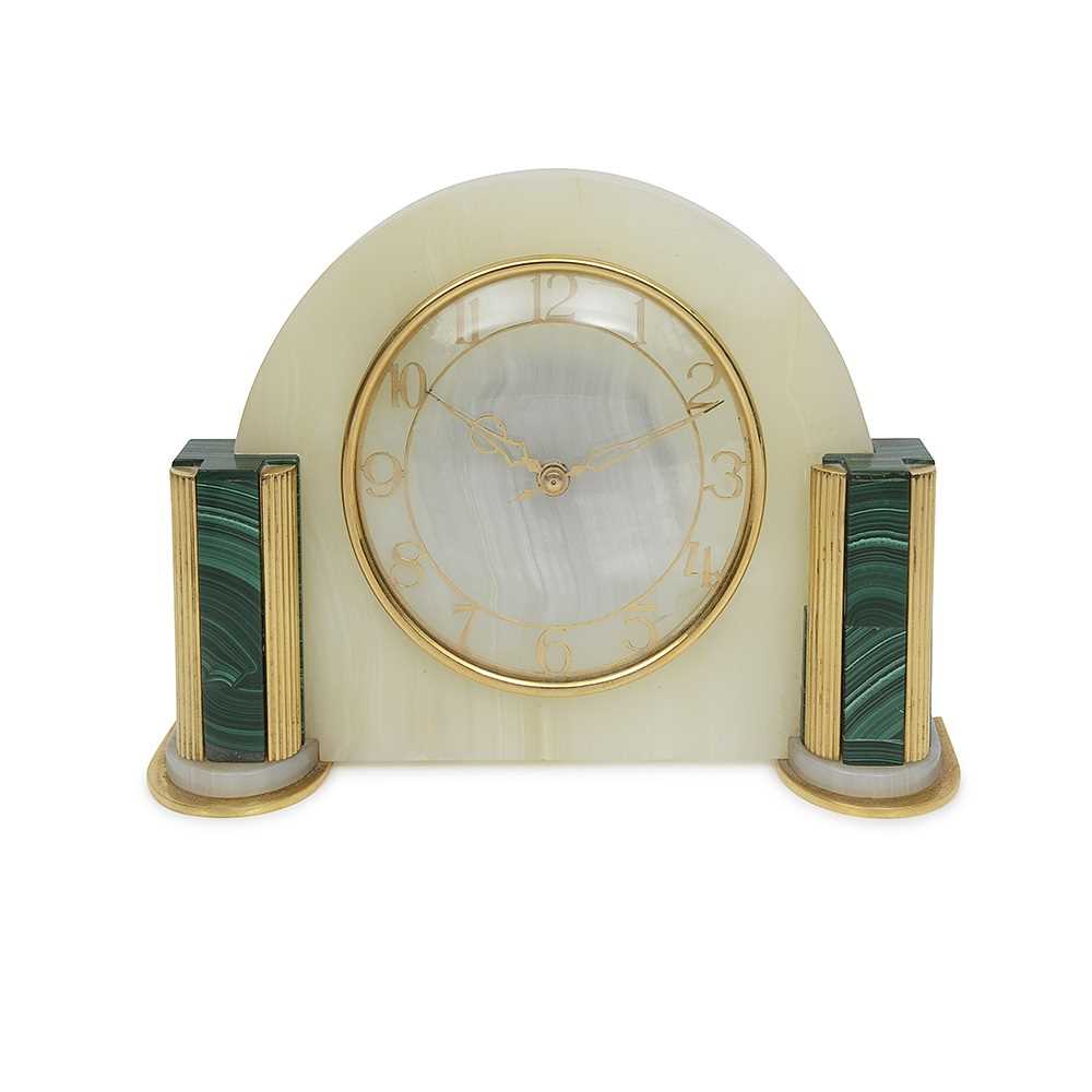 AN ART DECO PERIOD ONYX AND MALACHITE MANTEL CLOCK