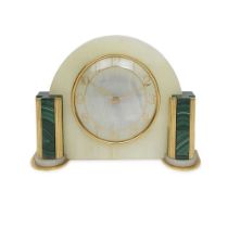 AN ART DECO PERIOD ONYX AND MALACHITE MANTEL CLOCK