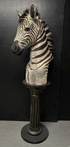 A TAXIDERMY HEAD AND SHOULDERS OF A BURCHELL'S ZEBRA ON PEDESTAL