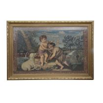 A PERSIAN CARPET WALL HANGING TWO SHEPHERD BOYS AND A LAMB