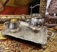 A 19TH CENTURY CHINESE STYLE SILVER PLATED TEAPOT, A SUGAR BOWL AND TRAY