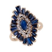 A SAPPHIRE, DIAMOND AND 14CT GOLD NAVETTE SHAPED RING