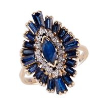 A SAPPHIRE, DIAMOND AND 14CT GOLD NAVETTE SHAPED RING