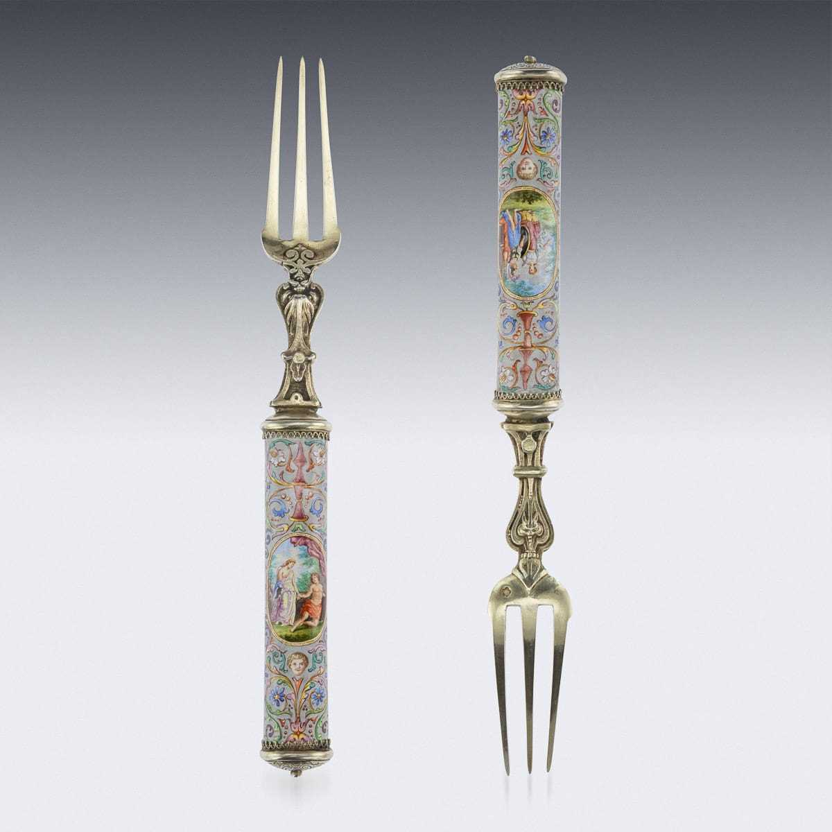 A FINE SOLID SILVER GILT AND ENAMEL CUTLERY SET BY HERMANN RATZERSDORFER, VIENNA C. 1880 - Image 2 of 35