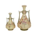 ROYAL WORCESTER: TWO EARLY 20TH CENTURY BLUSH IVORY MINIATURE PORCELAIN VASES