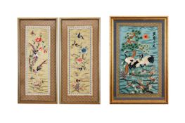 THREE CHINESE SILK EMBROIDERY PICTURES OF BIRDS