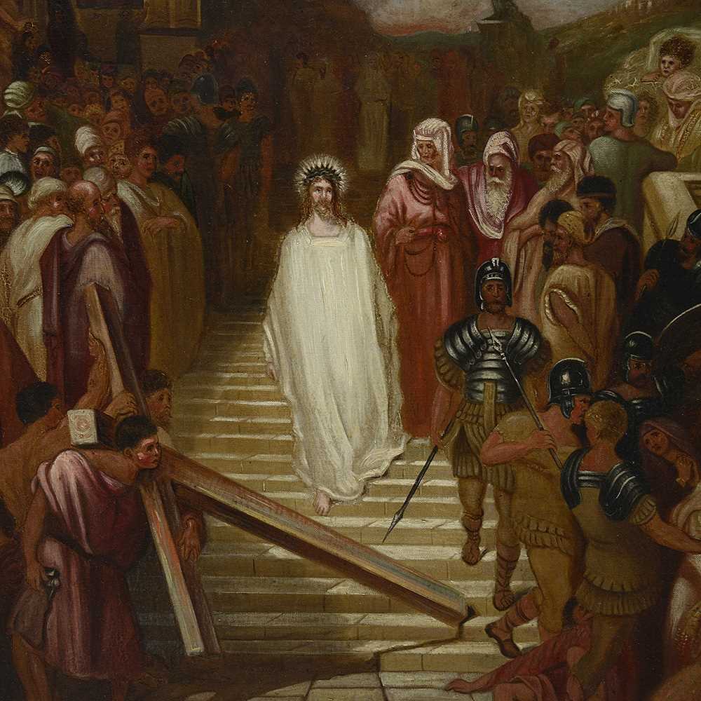 AFTER GUSTAVE DORE ; A LARGE 19TH CENTURY PAINTING OF 'CHRIST LEAVING THE PRAETORIUM' 1893 - Image 5 of 6