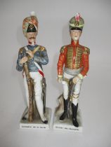 Pair of Sitzendorf Porcelain Figures of a Grenadier de la Garde and Officier des Hussards, 22cm