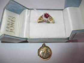 Diamond and Red Stone Cluster Ring, Size N, and a 9ct Gold Locket