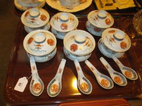Six Chinese Porcelain Dishes with Saucers, Covers and Spoons