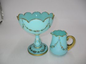 Victorian Blue Glass Gilded and Enamel Painted Sugar and Cream Set