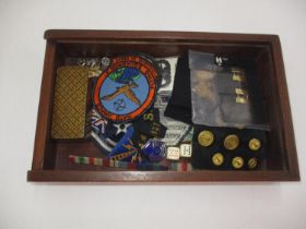 Wooden Box of Military Patches, Badges and Buttons etc