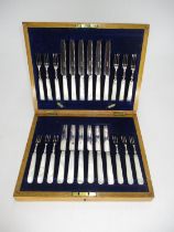 Oak Cased Set of 12 Pairs of Silver Plate and Mother of Pearl Fruit Knives and Forks