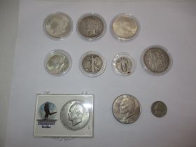 Six American Dollars 1921 (2), 1922, 1923, 1971, 1972, Two Half Dollars 1935, 1964, Quarter Dollar