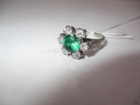18ct White Gold Diamond and Green Stone Cluster Ring having Diamond Set Shoulders, Size L, 5.3g
