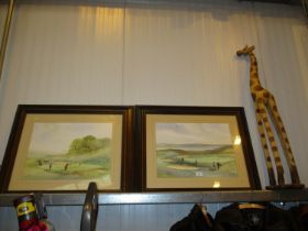 Digby Page, Pair of Watercolours of Golfing Scenes, along with a Carved Wood Giraffe