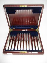 Mahogany Canteen with 6 Pairs of Silver and Mother of Pearl Fruit Knives and Forks, Sheffield