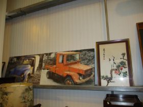 Two Canvas Prints of Vintage Vehicles and a Silk Needlework Picture