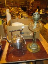 Arts & Crafts Silver Plated Spirit Kettle and a Victorian Oil Lamp