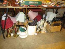 Various Table Lamps and Shades, Dog Pictures, Photograph Frames, News Rack, Cushions, Mdina Vase,