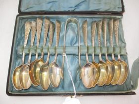 Cased Set of 12 Scottish Silver Teaspoons and Tongs, Glasgow 1890, Maker T & Co. 220g