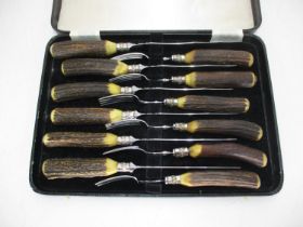 Cased Set of 6 Horn Handle Steak Knives and Forks