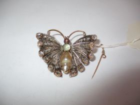 Butterfly Brooch Set with Diamonds, Mother of Pearl and Other Gem Stones, 14.8g, 4x3cm