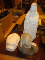 Carved Alabaster Bust, Pottery Figure and Mask