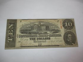 Confederate States of America Richmond Ten Dollars Banknote April 6th 1863, Numbered 72705,