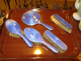 Silver and Blue Enamel 5 Piece Dressing Table Set, Birmingham 1926/27