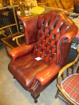 Chesterfield Burgundy Deep Buttoned Leather Wing Back Easy Chair