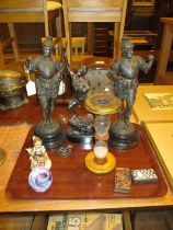 Three Spelter Figures, Hummel Figure, Paperweight, Bobbin Sand Timer and 2 Snuff Boxes