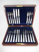 Case with a Part Set of Silver Plate and Mother of Pearl Fruit Cutlery
