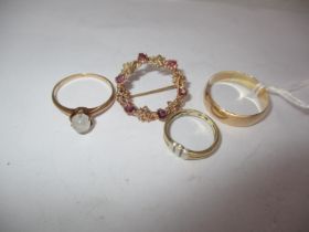 10k Gold Moonstone Ring, 9ct Gold Brooch and 2 Yellow Metal Rings, 8g total