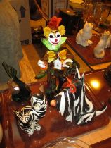 Italian Glass Clown and Fish, Italian Pottery Cat and Porcelain Dog